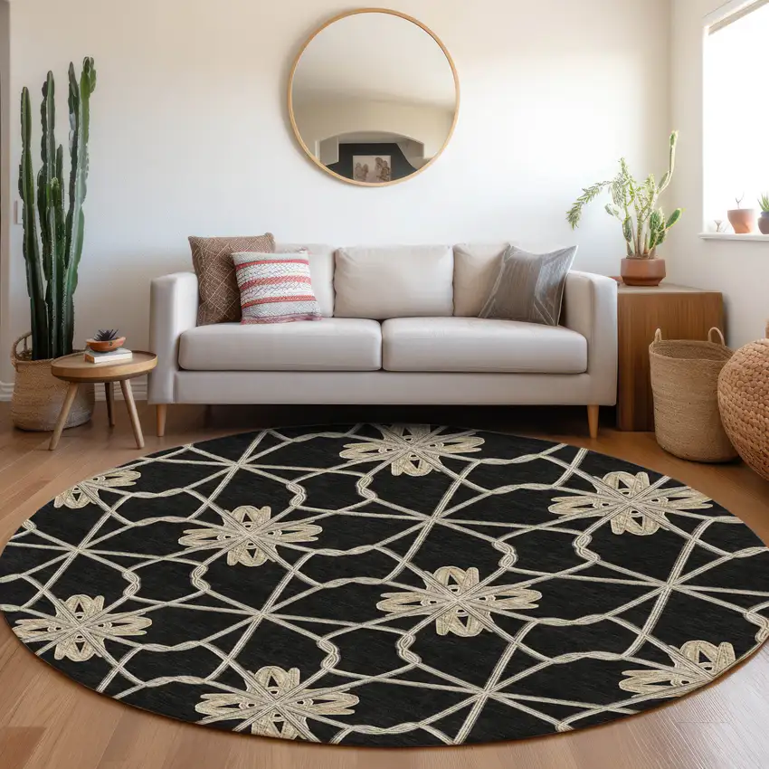 8' Black Khaki And Beige Geometric Washable Round Rug With UV Protection Photo 4