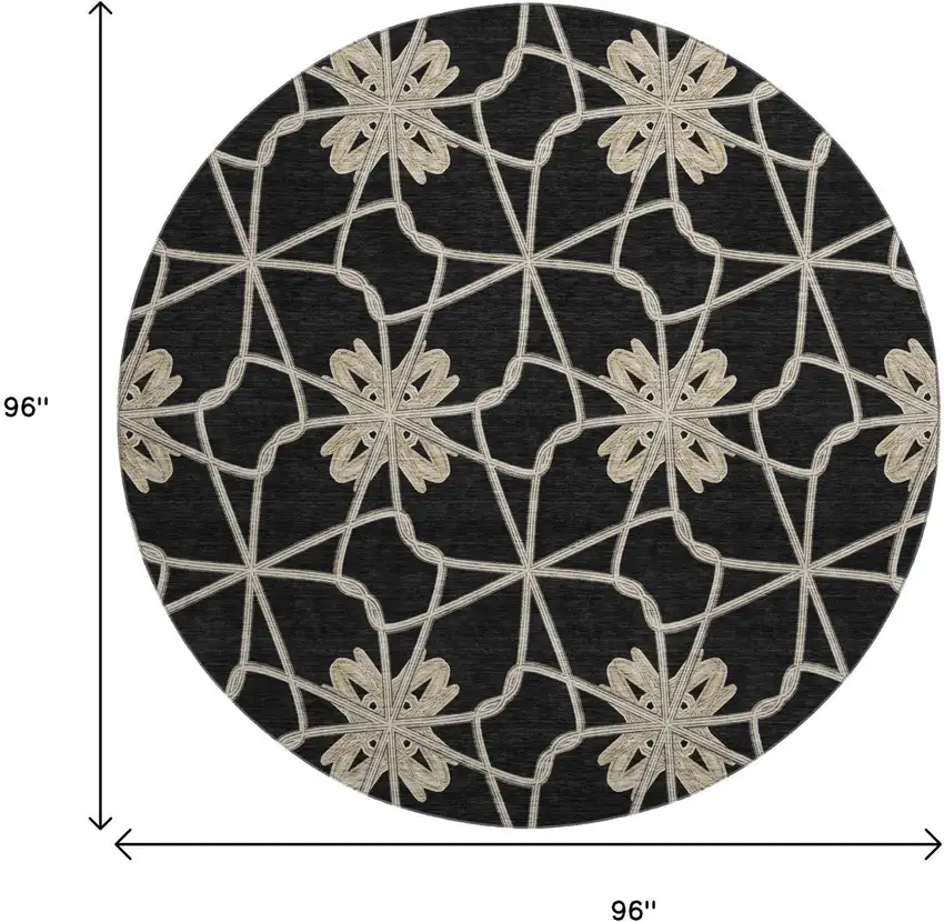 8' Black Khaki And Beige Geometric Washable Round Rug With UV Protection Photo 9