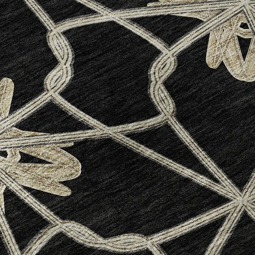 8' Black Khaki And Beige Geometric Washable Round Rug With UV Protection Photo 8