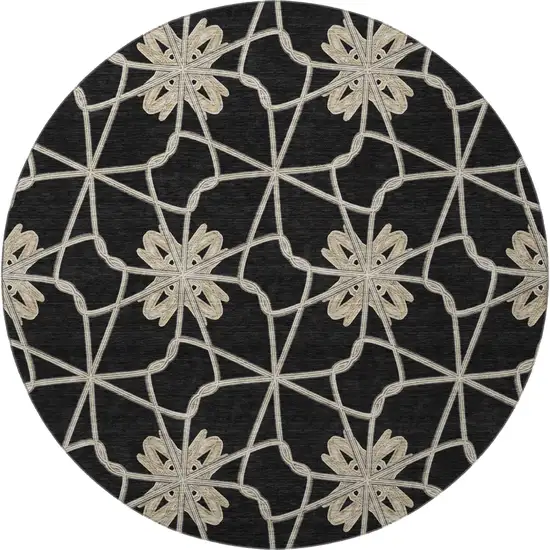 8' Black Khaki And Beige Geometric Washable Round Rug With UV Protection Photo 3