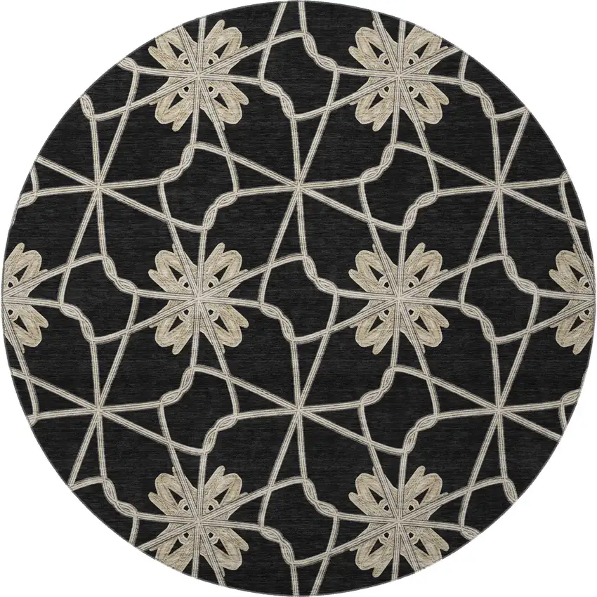 8' Black Khaki And Beige Geometric Washable Round Rug With UV Protection Photo 3