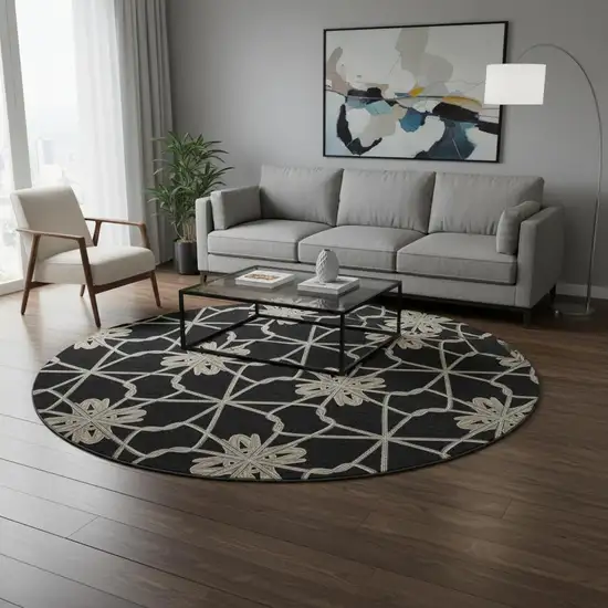 8' Black Khaki And Beige Geometric Washable Round Rug With UV Protection Photo 2