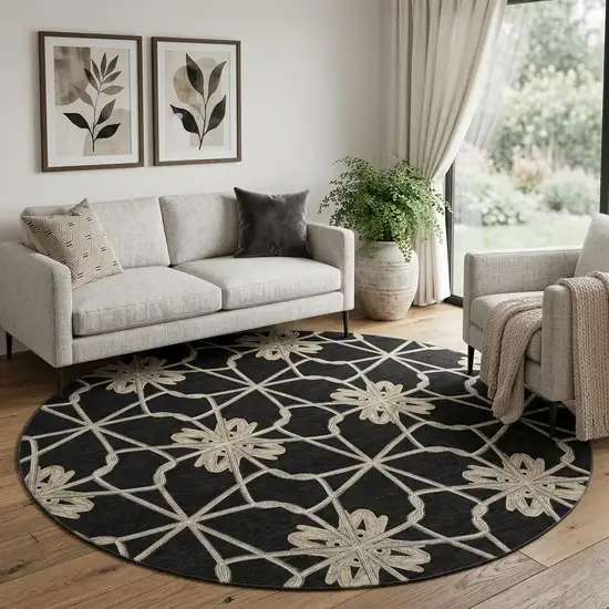 8' Black Khaki And Beige Geometric Washable Round Rug With UV Protection Photo 1