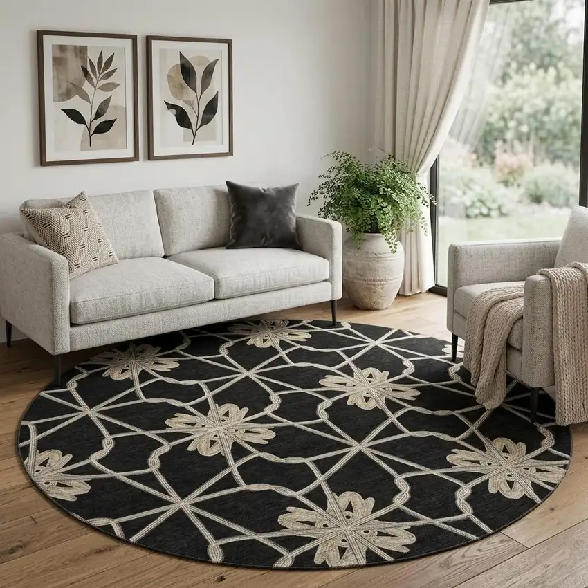 8' Black Khaki And Beige Geometric Washable Round Rug With UV Protection Photo 1