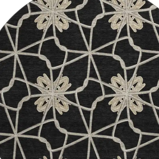8' Black Khaki And Beige Geometric Washable Round Rug With UV Protection Photo 2