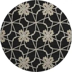 Photo of 8' Black Khaki And Beige Geometric Washable Round Rug With UV Protection