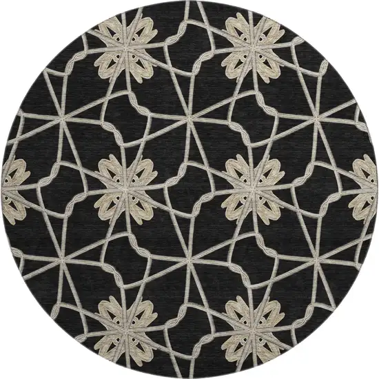 8' Black Khaki And Beige Geometric Washable Round Rug With UV Protection Photo 1