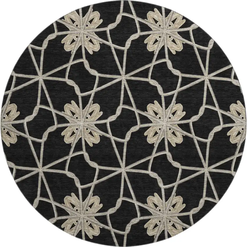 8' Black Khaki And Beige Geometric Washable Round Rug With UV Protection Photo 1