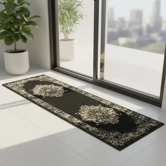 6' Black Medallion Power Loom Runner Rug Photo 1