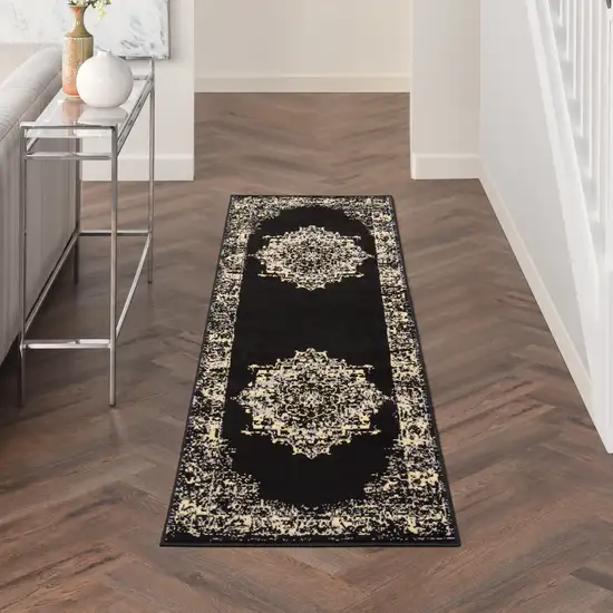 6' Black Medallion Power Loom Runner Rug Photo 5