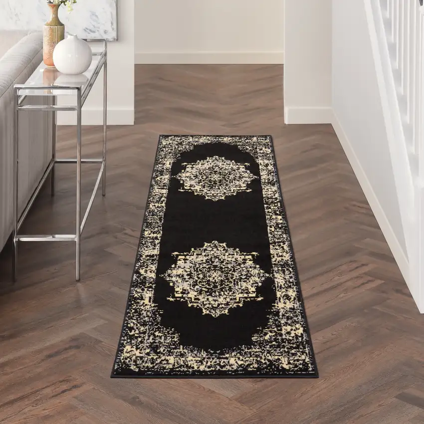 6' Black Medallion Power Loom Runner Rug Photo 5