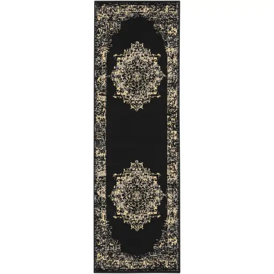 6' Black Medallion Power Loom Runner Rug Photo 2