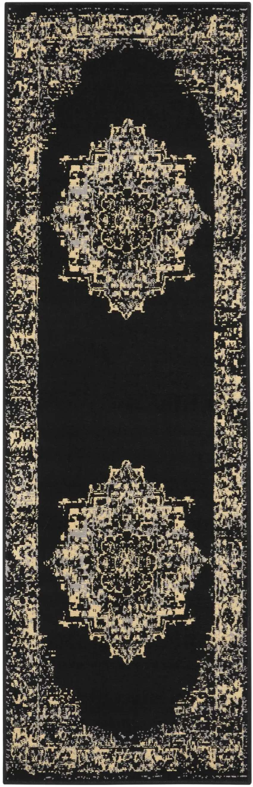 6' Black Medallion Power Loom Runner Rug Photo 2