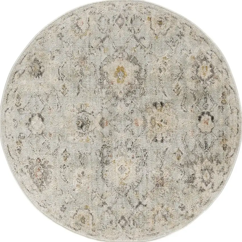 4' Black Mint Green And Ivory Floral Distressed Round Rug Photo 2