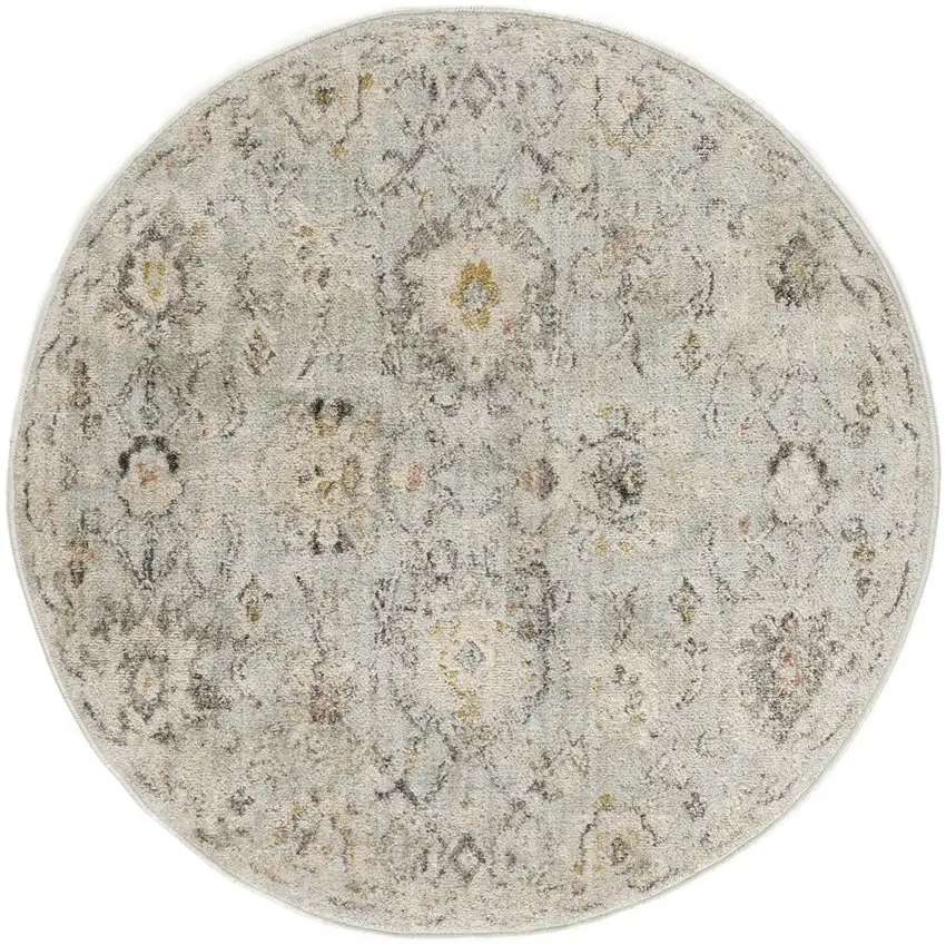 8' Black Mint Green And Ivory Floral Distressed Round Rug Photo 2