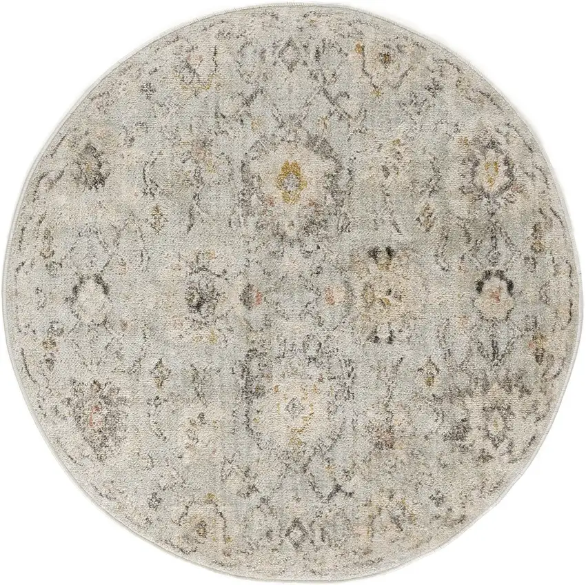 8' Black Mint Green And Ivory Floral Distressed Round Rug Photo 4