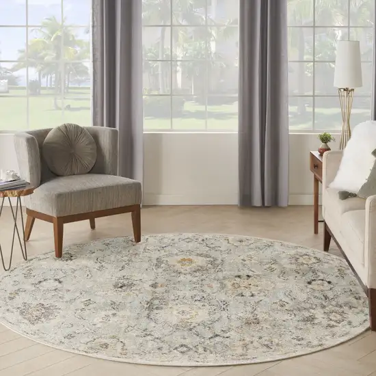 8' Black Mint Green And Ivory Floral Distressed Round Rug Photo 7