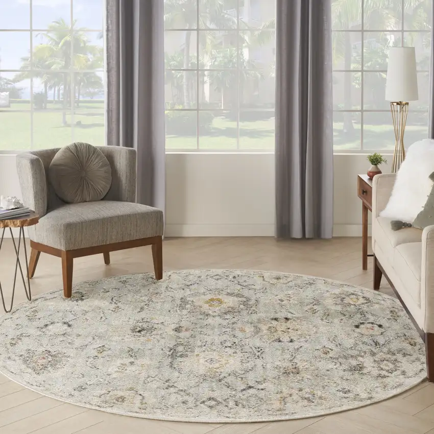 8' Black Mint Green And Ivory Floral Distressed Round Rug Photo 7