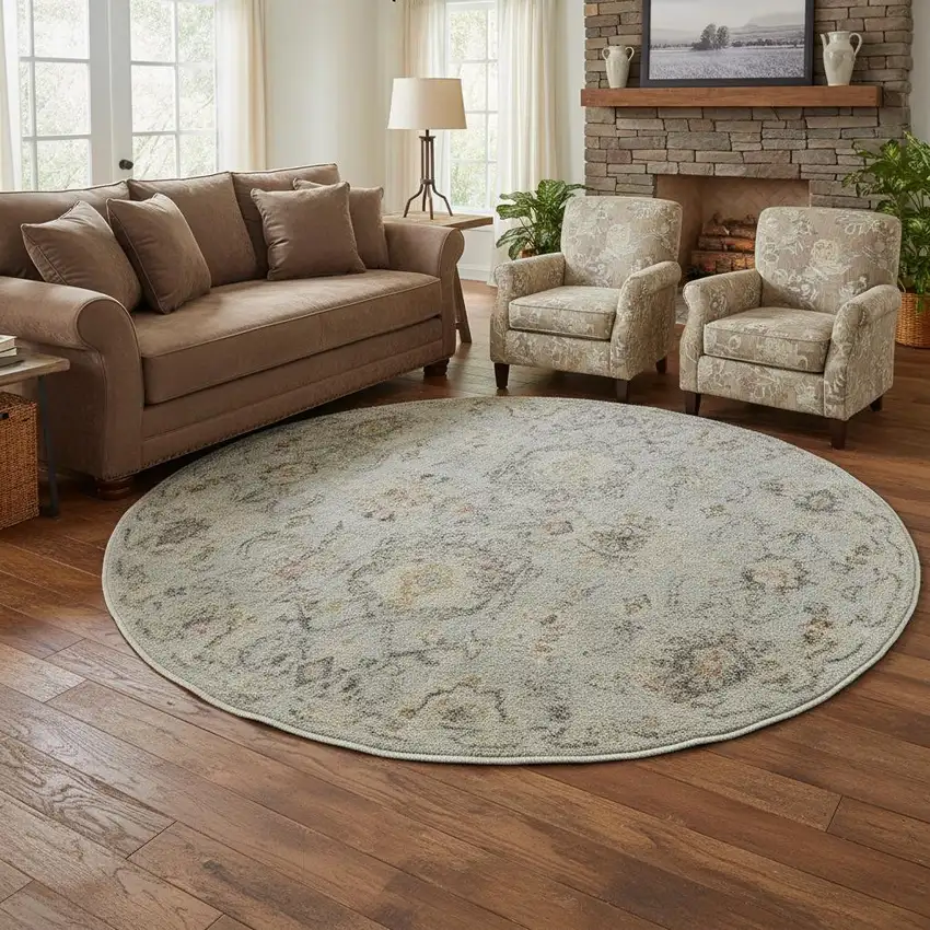 8' Black Mint Green And Ivory Floral Distressed Round Rug Photo 1