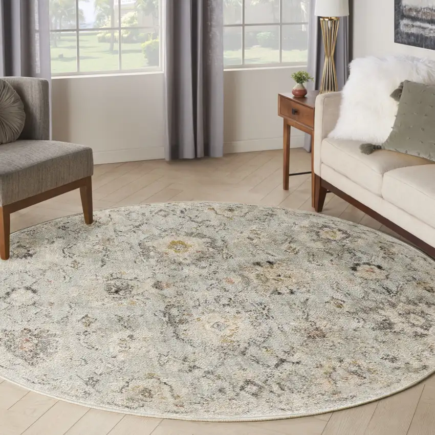 8' Black Mint Green And Ivory Floral Distressed Round Rug Photo 5