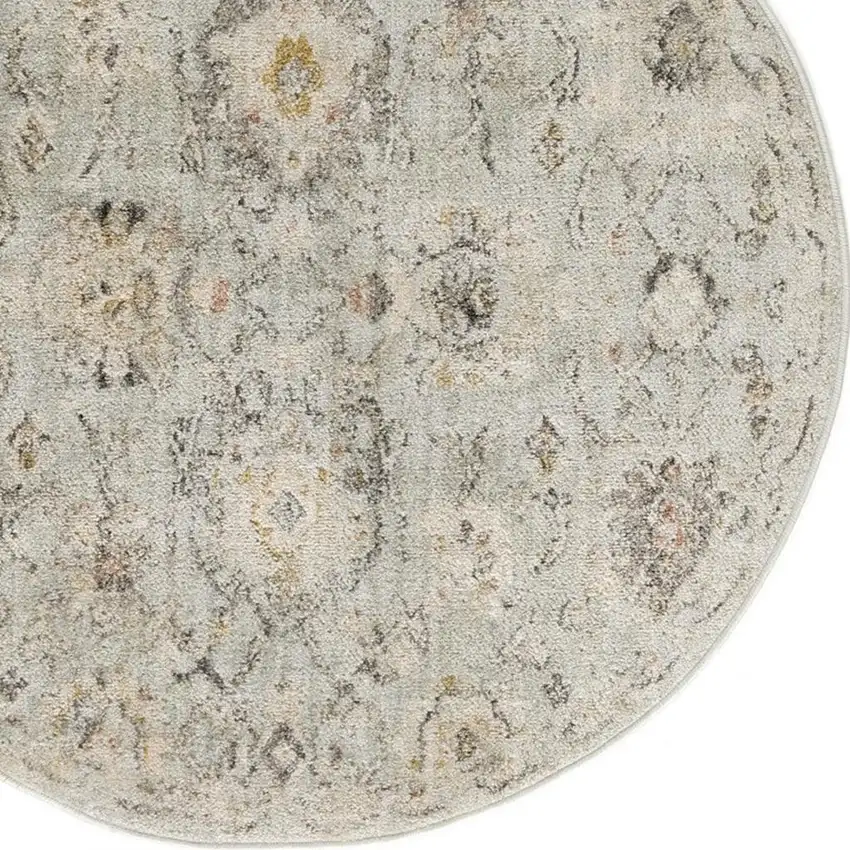 8' Black Mint Green And Ivory Floral Distressed Round Rug Photo 3