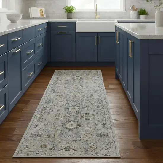 8' Black Mint Green And Ivory Floral Distressed Runner Rug Photo 1