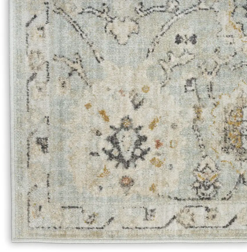 8' Black Mint Green And Ivory Floral Distressed Runner Rug Photo 9