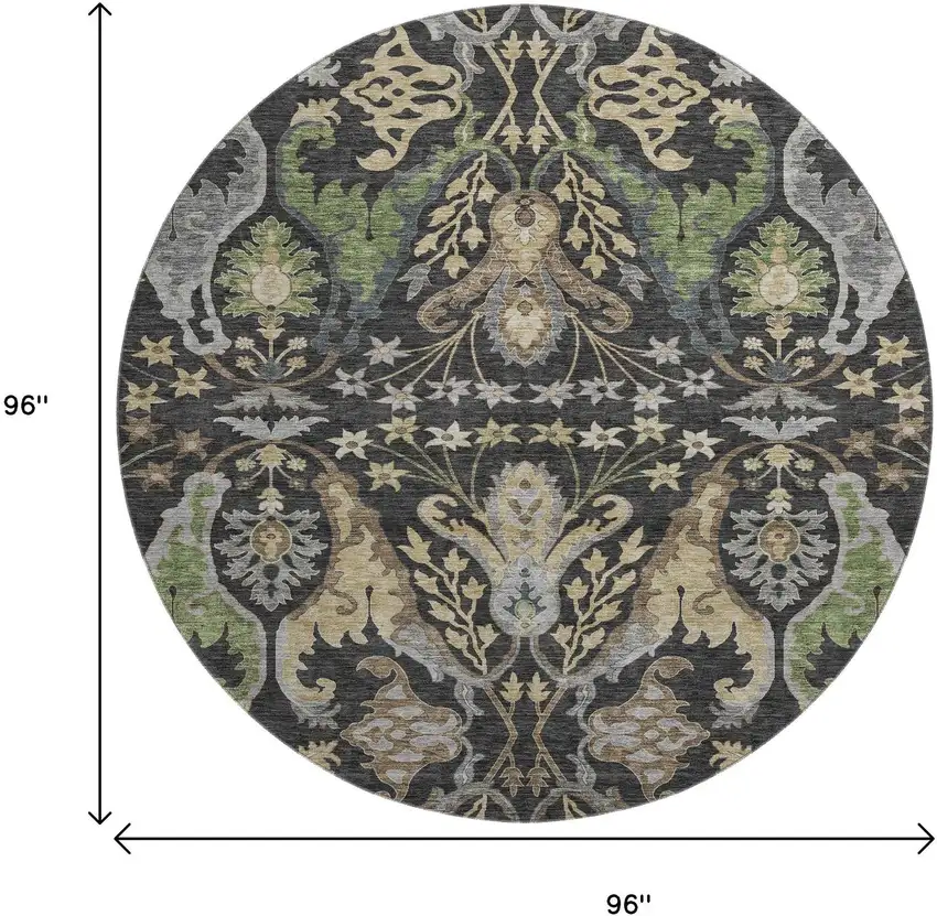 8' Black Olive Green And Gray Floral Washable Round Rug With UV Protection Photo 9