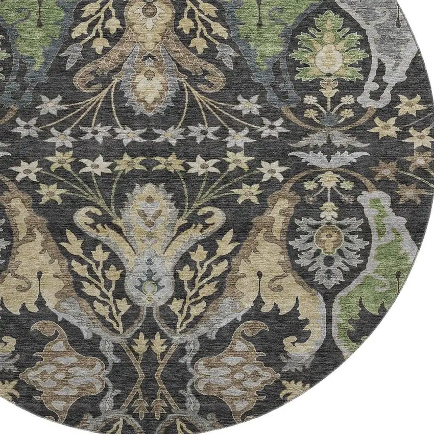 8' Black Olive Green And Gray Floral Washable Round Rug With UV Protection Photo 2