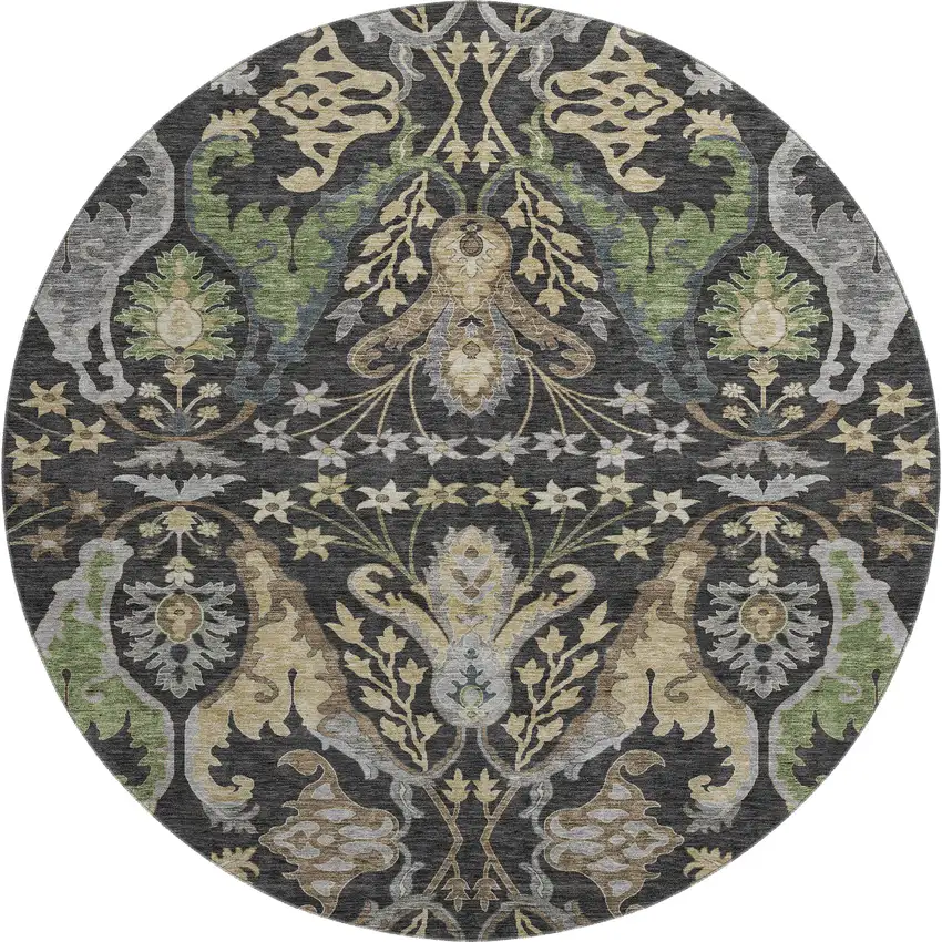 8' Black Olive Green And Gray Floral Washable Round Rug With UV Protection Photo 1