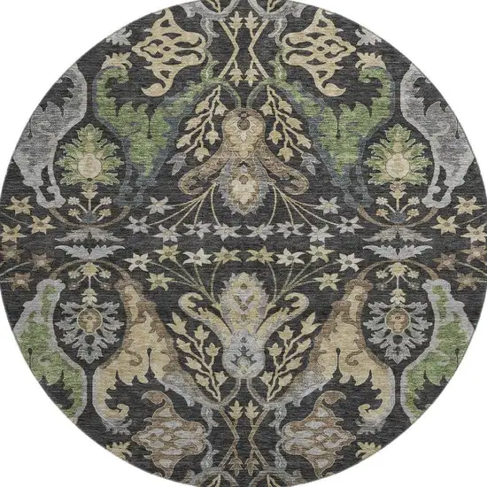 8' Black Olive Green And Gray Floral Washable Round Rug With UV Protection Photo 3