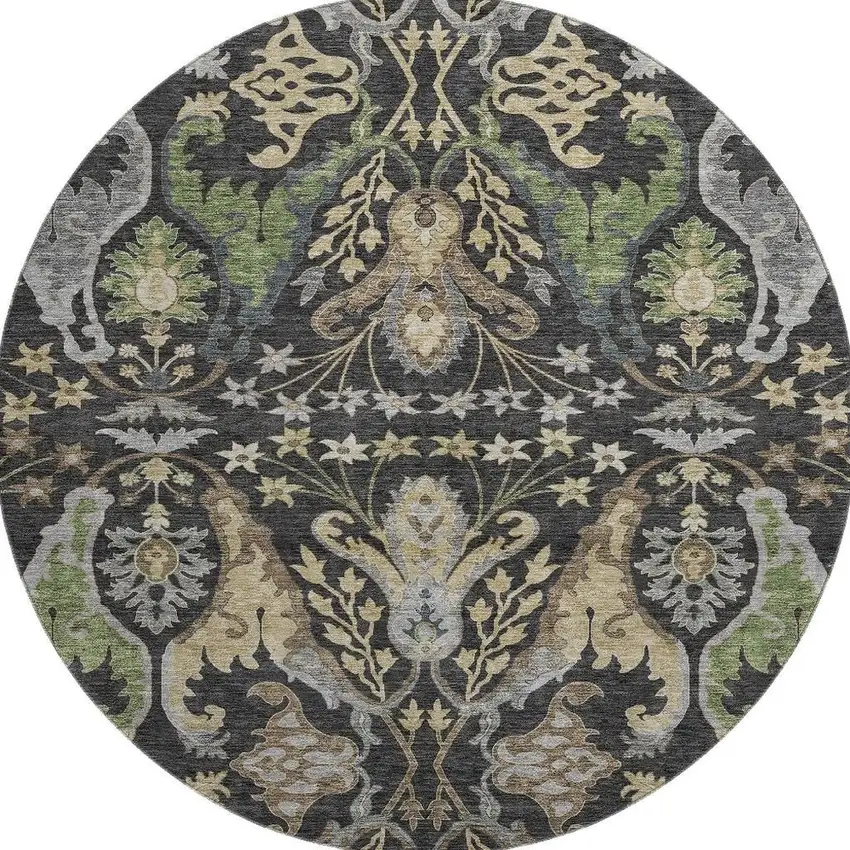 8' Black Olive Green And Gray Floral Washable Round Rug With UV Protection Photo 3
