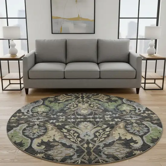 8' Black Olive Green And Gray Floral Washable Round Rug With UV Protection Photo 2
