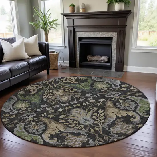8' Black Olive Green And Gray Floral Washable Round Rug With UV Protection Photo 4