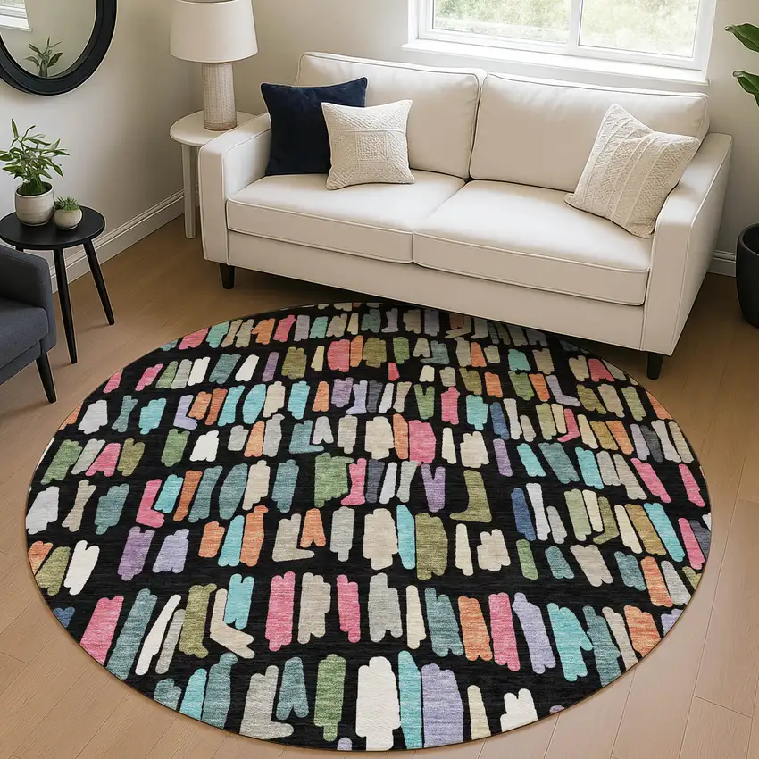 8' Black Pink And Green Round Striped Washable Indoor Outdoor Area Rug Photo 5