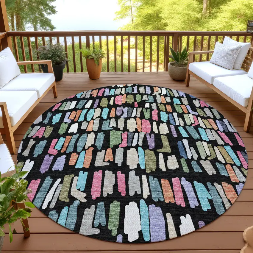 8' Black Pink And Green Round Striped Washable Indoor Outdoor Area Rug Photo 4