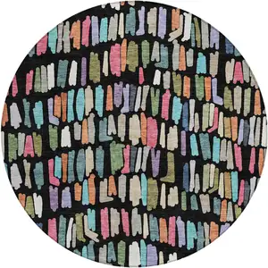 Photo of 8' Black Pink And Green Round Striped Washable Indoor Outdoor Area Rug
