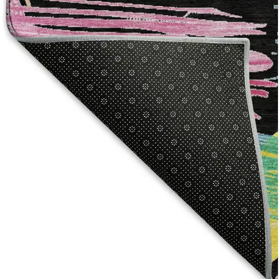 8' Black Pink And Yellow Striped Washable Round Rug With UV Protection Photo 5