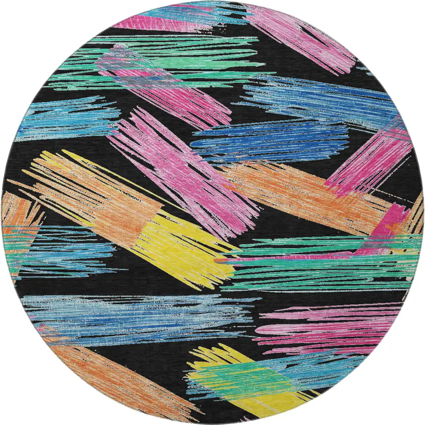 8' Black Pink And Yellow Striped Washable Round Rug With UV Protection Photo 3