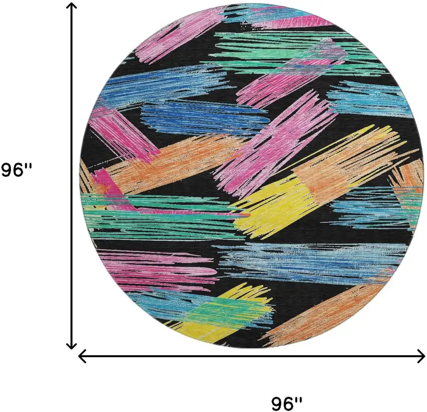 8' Black Pink And Yellow Striped Washable Round Rug With UV Protection Photo 9