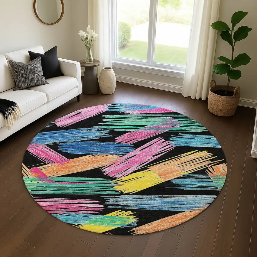 8' Black Pink And Yellow Striped Washable Round Rug With UV Protection Photo 4