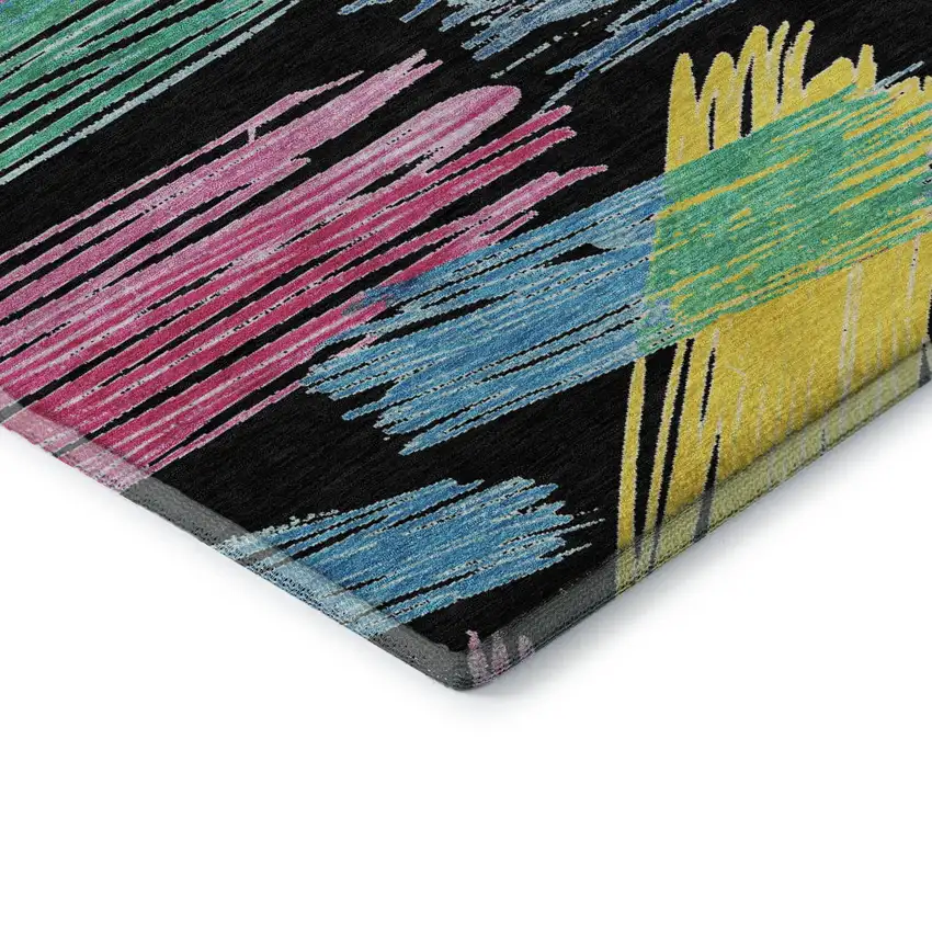 8' Black Pink And Yellow Striped Washable Round Rug With UV Protection Photo 6