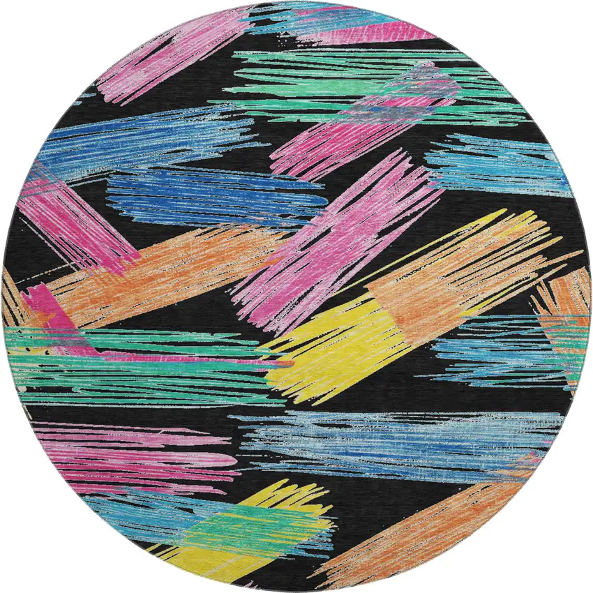 8' Black Pink And Yellow Striped Washable Round Rug With UV Protection Photo 1