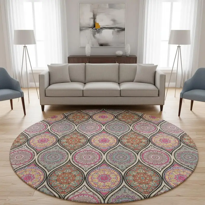 8' Black Purple And Pink Ogee Washable Round Rug With UV Protection Photo 2