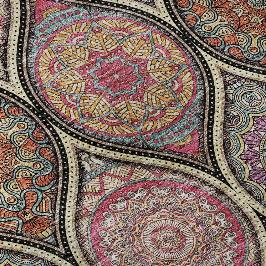 8' Black Purple And Pink Ogee Washable Round Rug With UV Protection Photo 8