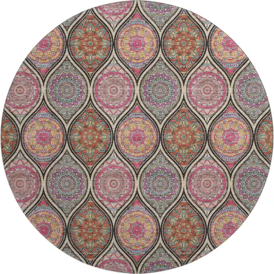 8' Black Purple And Pink Ogee Washable Round Rug With UV Protection Photo 1