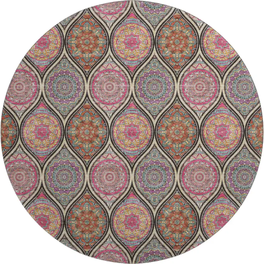 8' Black Purple And Pink Ogee Washable Round Rug With UV Protection Photo 1