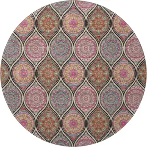 Photo of 8' Black Purple And Pink Ogee Washable Round Rug With UV Protection