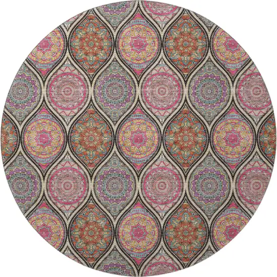8' Black Purple And Pink Ogee Washable Round Rug With UV Protection Photo 3