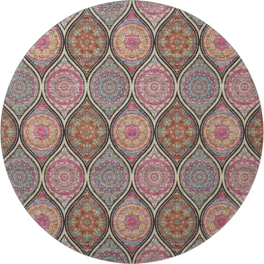 8' Black Purple And Pink Ogee Washable Round Rug With UV Protection Photo 3
